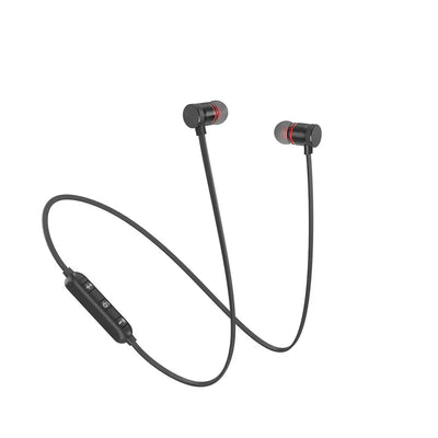 Magnetic in-ear Bluetooth stereo earphones with wireless earbuds in black.