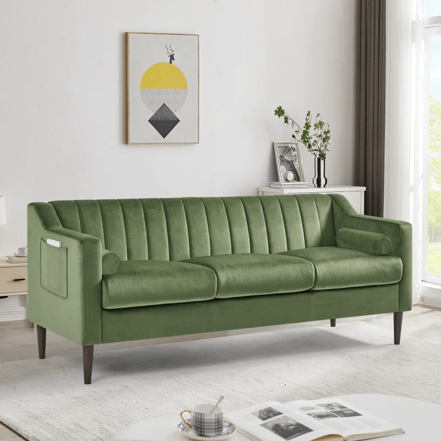 Modern Sofa Couch with Velvet and Wooden Frame &  Legs for Living Room