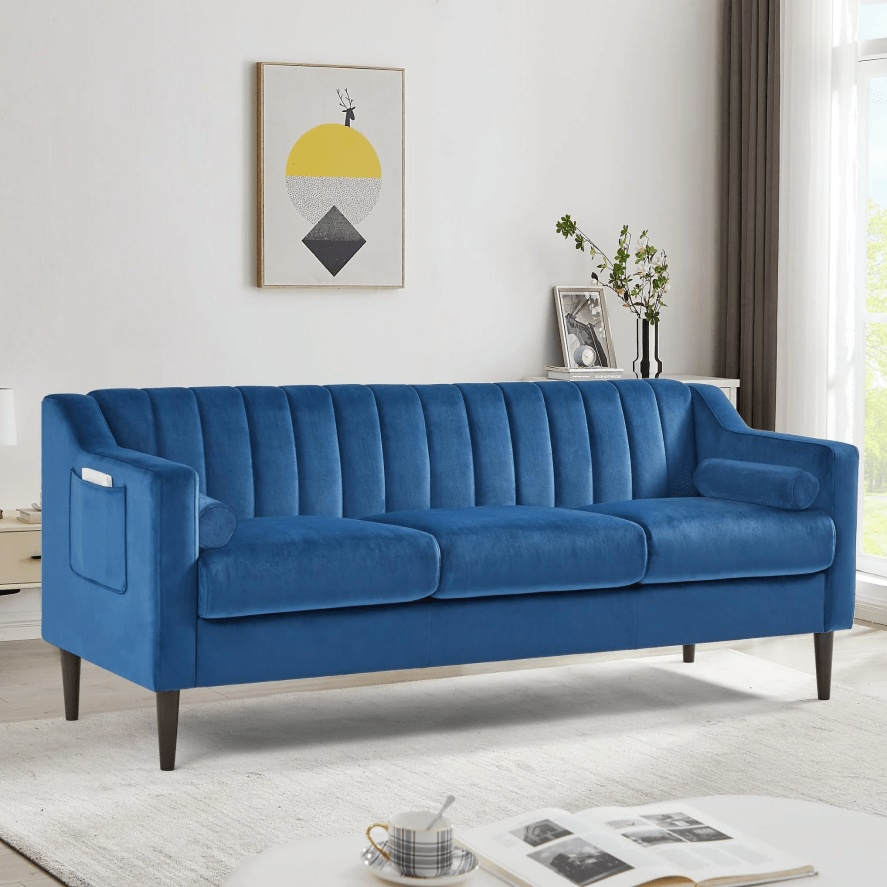 Modern Sofa Couch with Velvet and Wooden Frame &  Legs for Living Room