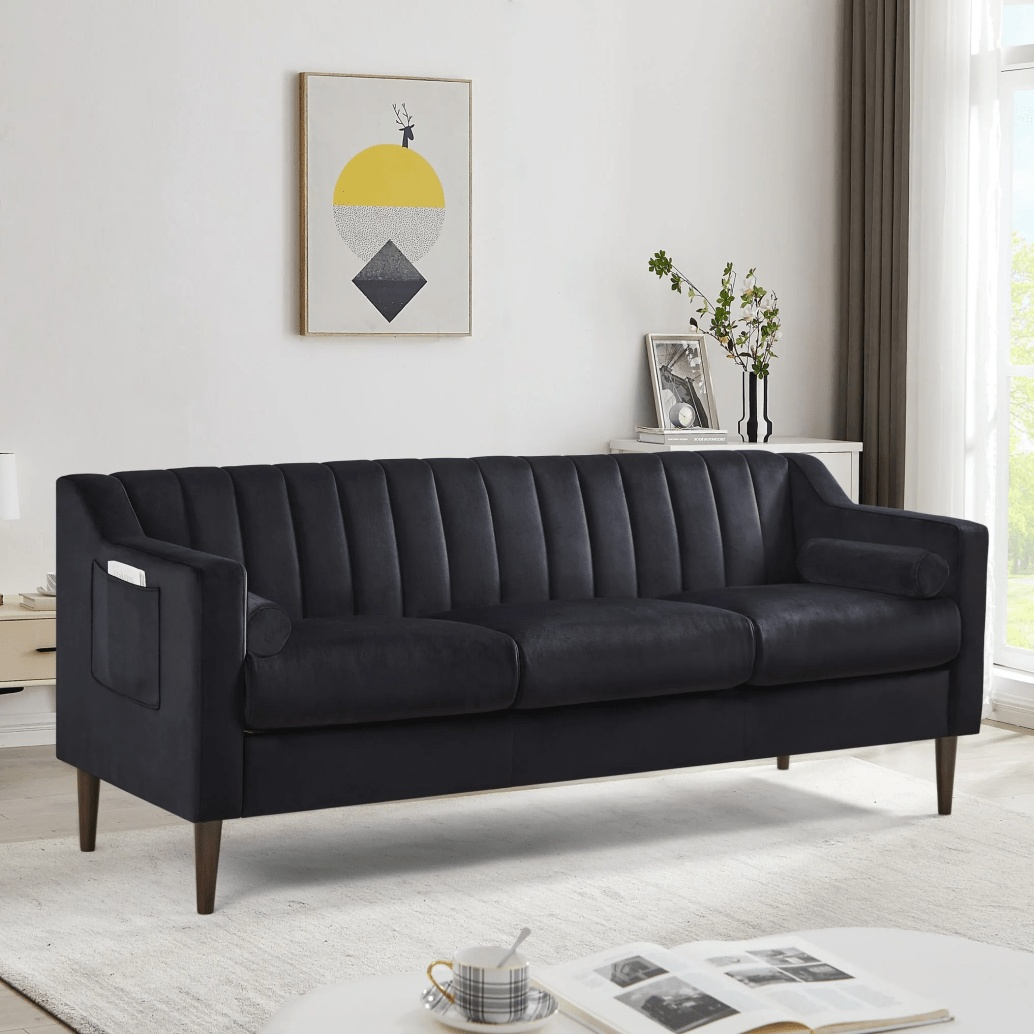 Modern Sofa Couch with Velvet and Wooden Frame &  Legs for Living Room