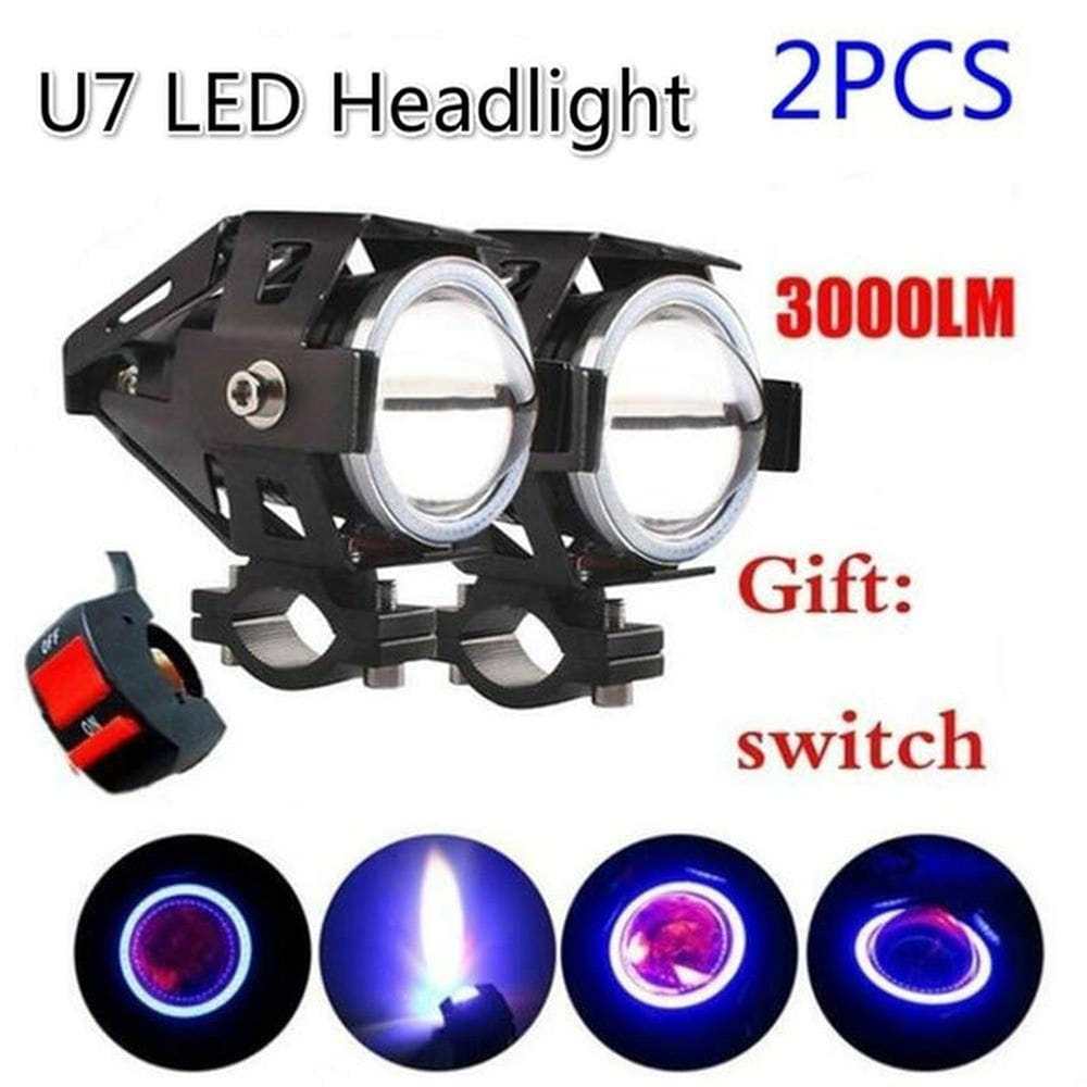 Motorcycle Headlight Cree U7 DRL Fog Lights Driving Running Light With Angel Eyes Lights Ring Front Spotlight Strobe Flashing White Light And Switch