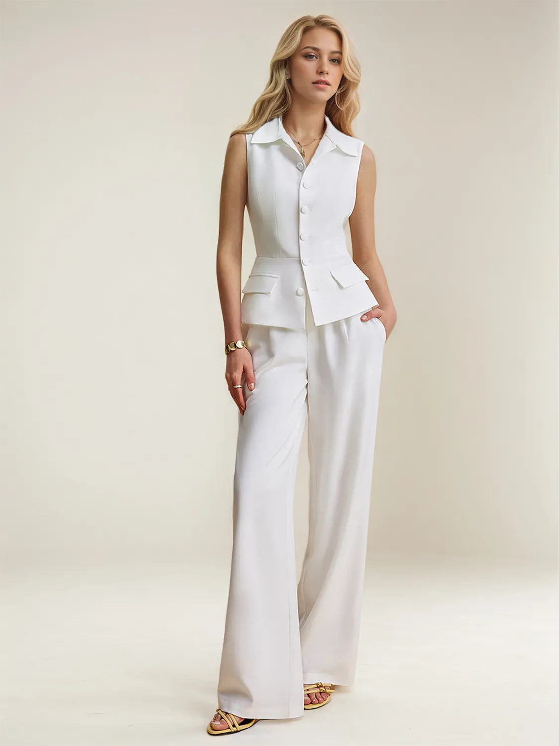 Full front view of the pant and vest set women wear for business or formal occasions
