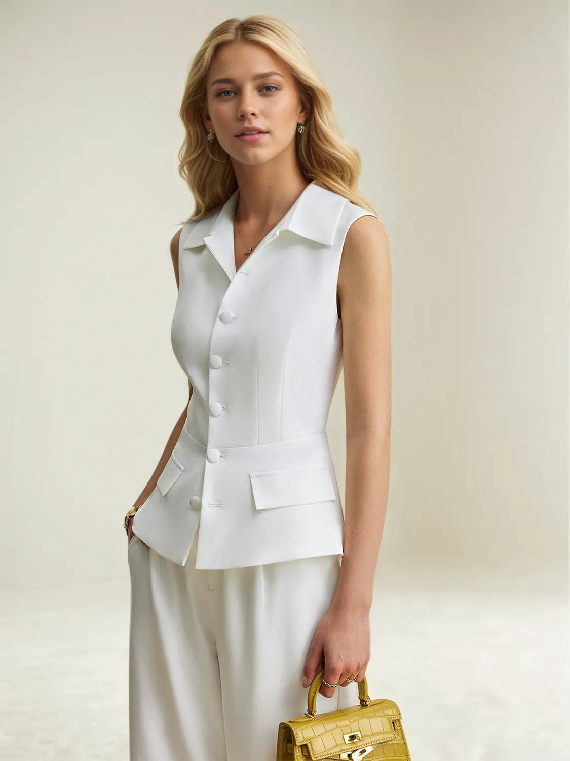Side profile of pant and vest set women wear for sleek, tailored style