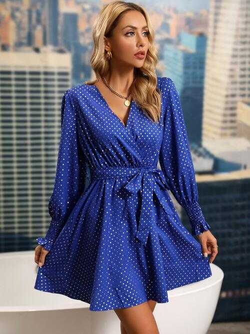 Polka Dot Tie Front Smocked Long Sleeve Dress for Ladies