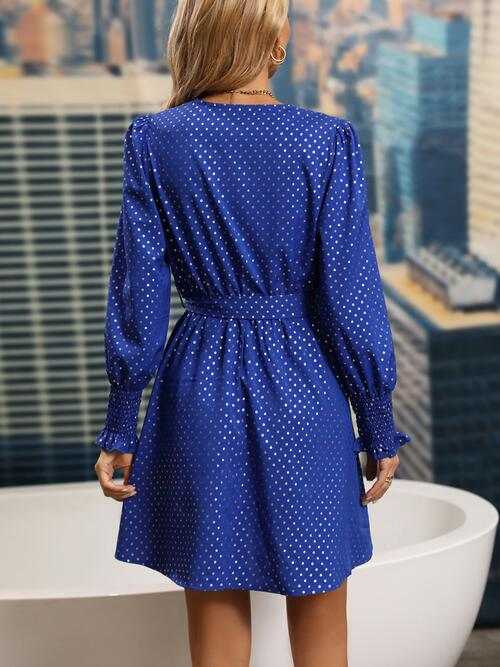 Polka Dot Tie Front Smocked Long Sleeve Dress for Ladies