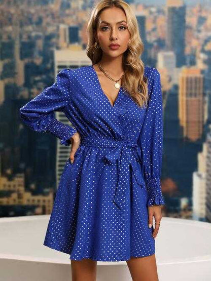 Polka Dot Tie Front Smocked Long Sleeve Dress for Ladies