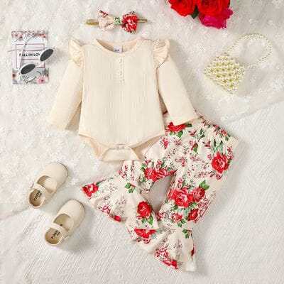 Baby Girl’s Ruffled Bodysuit with Round Neck and Printed Pants Set