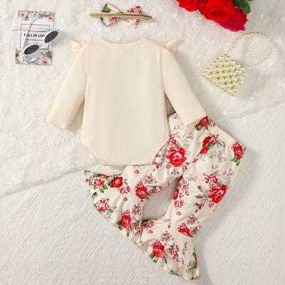 Baby Girl’s Ruffled Bodysuit with Round Neck and Printed Pants Set