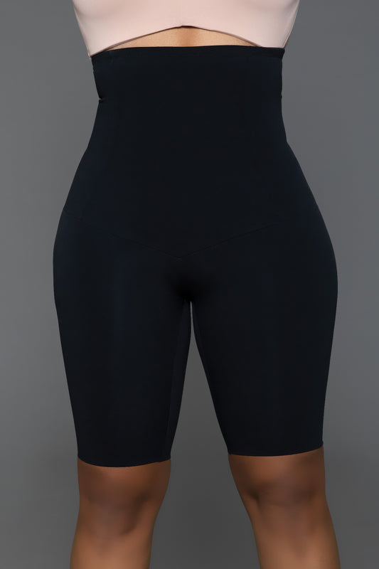 Larger front view of shapewear shorts showing tummy control and smooth fit