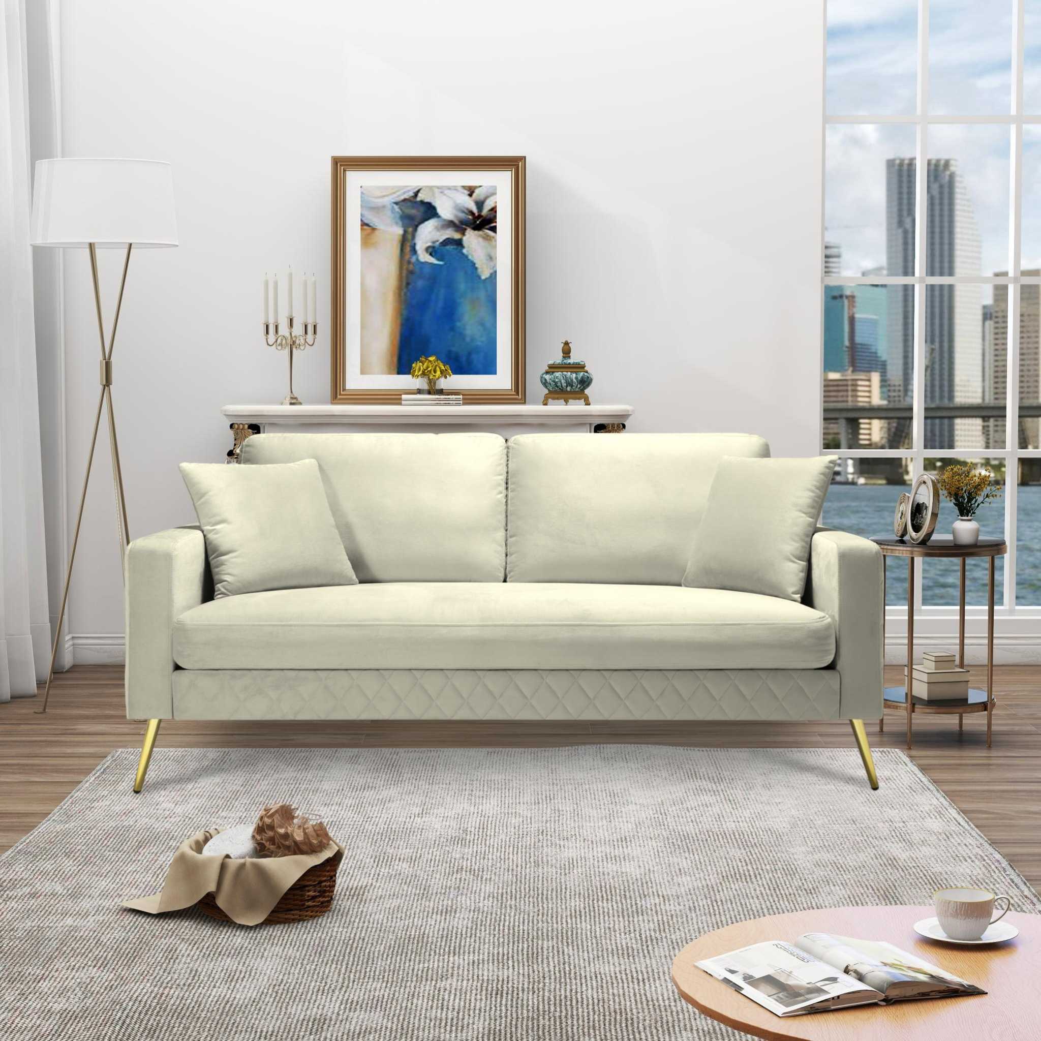 72.4" Square Arm Sofa: Clean-lined style, removable cushions, and golden metal tapered legs. Perfect for gatherings with family and friends. 🛋️