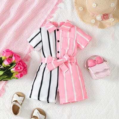 Striped 2-Tone Short Sleeve Tie Waist Romper for Baby Girl