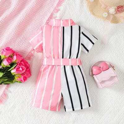 Striped 2-Tone Short Sleeve Tie Waist Romper for Baby Girl