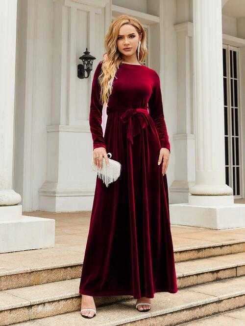 Long Sleeve Maxi Dress with Tie Front Round Neck for Ladies