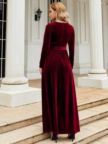 Long Sleeve Maxi Dress with Tie Front Round Neck for Ladies