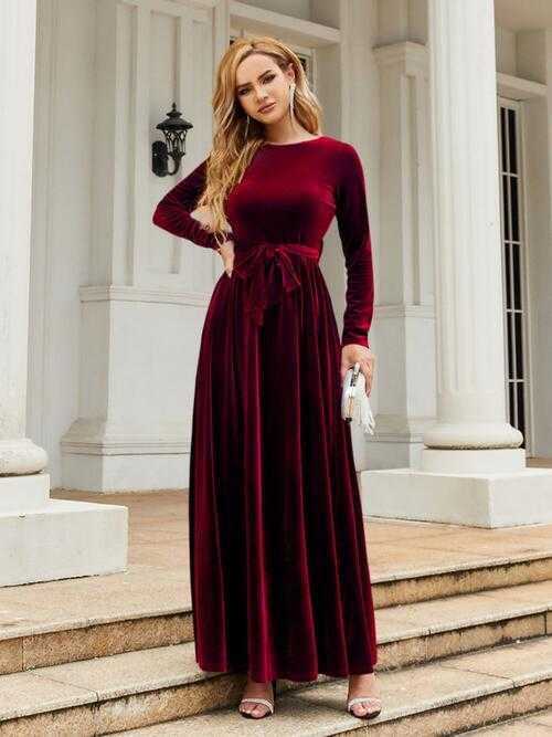 Long Sleeve Maxi Dress with Tie Front Round Neck for Ladies