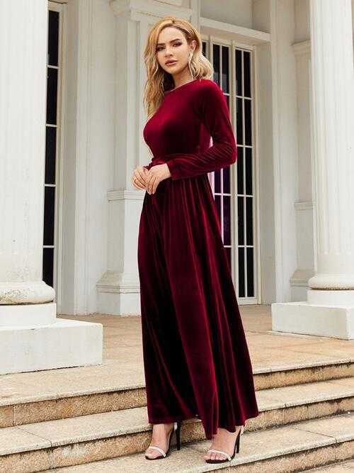 Long Sleeve Maxi Dress with Tie Front Round Neck for Ladies