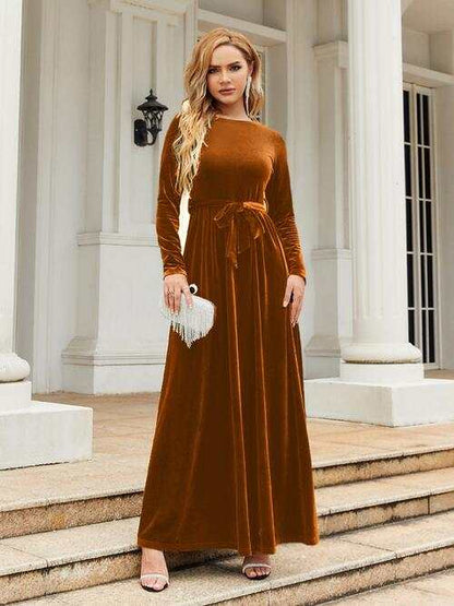 Long Sleeve Maxi Dress with Tie Front Round Neck for Ladies