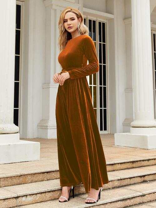 Long Sleeve Maxi Dress with Tie Front Round Neck for Ladies