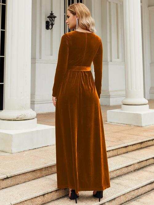 Long Sleeve Maxi Dress with Tie Front Round Neck for Ladies