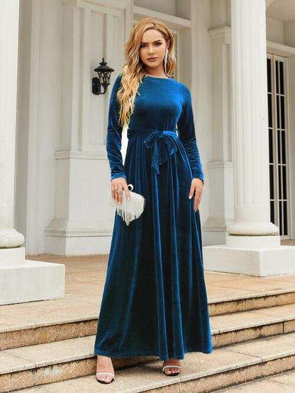 Long Sleeve Maxi Dress with Tie Front Round Neck for Ladies