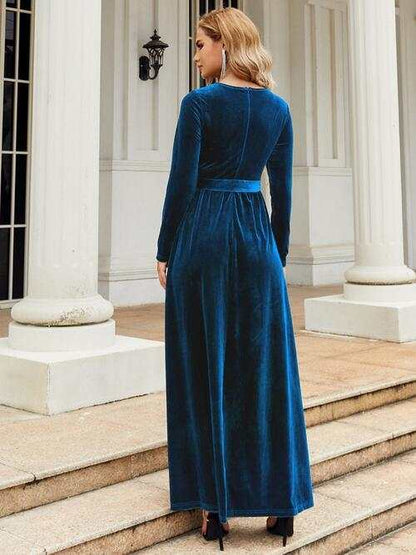 Long Sleeve Maxi Dress with Tie Front Round Neck for Ladies