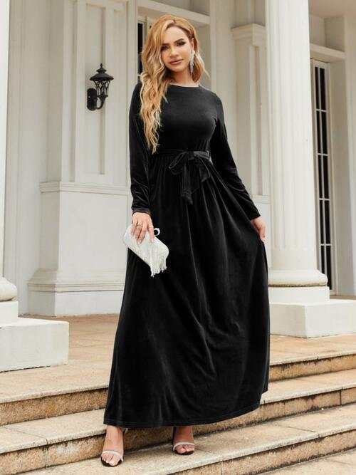 Long Sleeve Maxi Dress with Tie Front Round Neck for Ladies