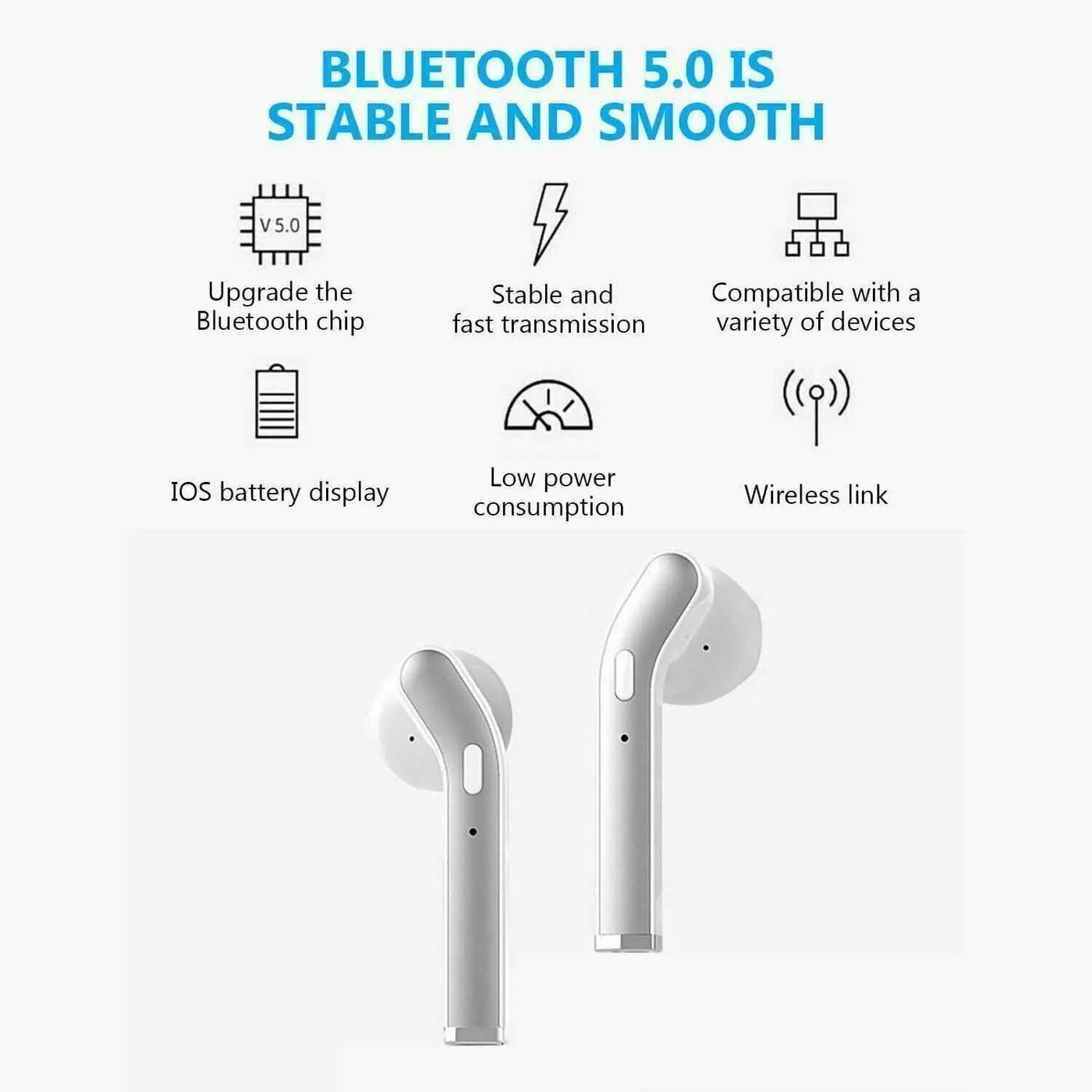 Wireless Bluetooth 5.0 earbuds with waterproof and noise-cancelling features.