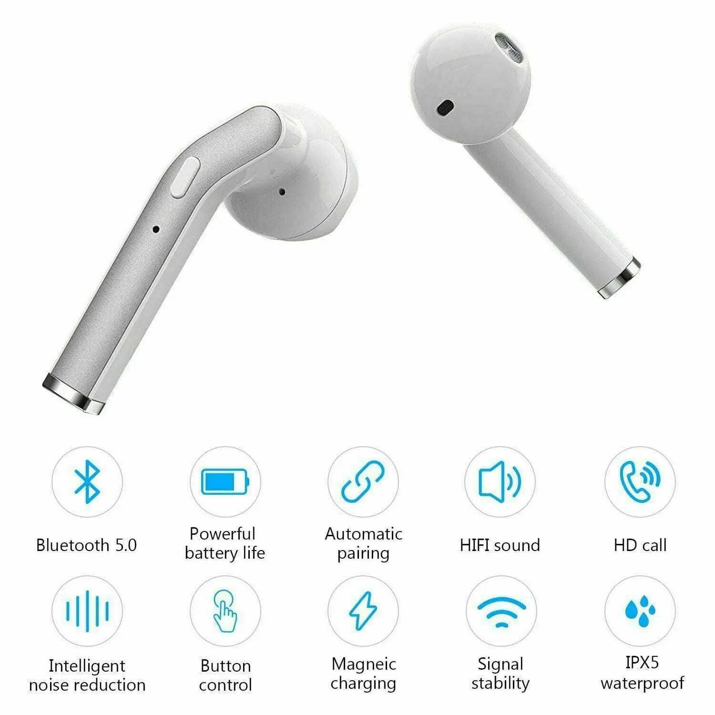 Wireless Bluetooth 5.0 earbuds with IPX7 waterproof and noise-cancelling features.