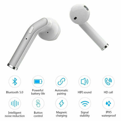 Wireless Bluetooth 5.0 earbuds with IPX7 waterproof and noise-cancelling features.