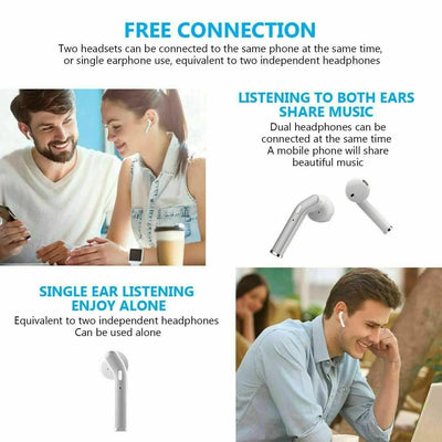 Wireless Bluetooth 5.0 earbuds, waterproof and noise-cancelling, with free connection and music-sharing features.