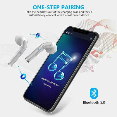Wireless Bluetooth 5.0 earbuds with automatic pairing and waterproof noise-canceling features.