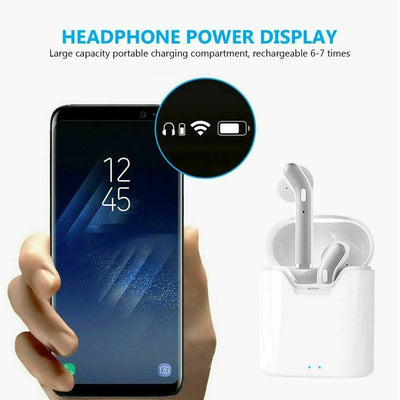 Wireless Bluetooth 5.0 earbuds with waterproof and noise-cancelling features next to a smartphone displaying headphone power.
