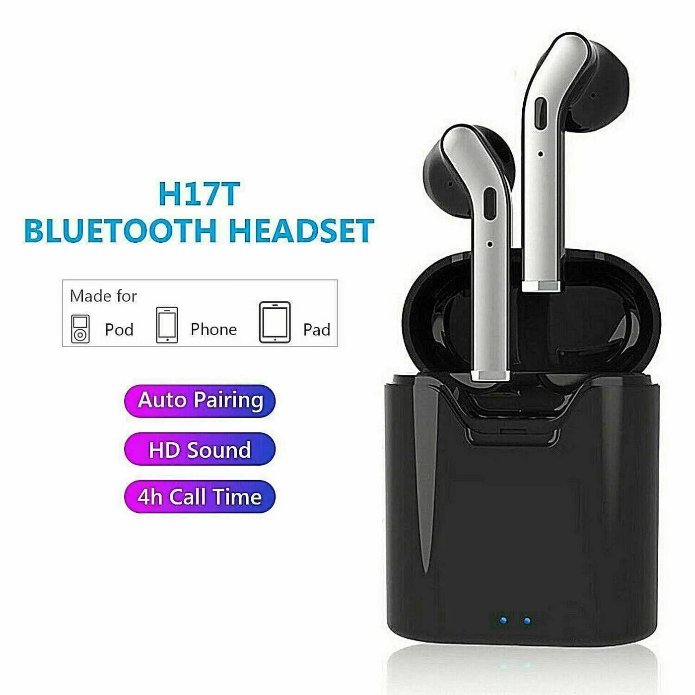 Wireless Bluetooth 5.0 earbuds with charging case, waterproof and noise-cancelling features shown.