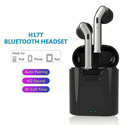 Wireless Bluetooth 5.0 earbuds with charging case, waterproof and noise-cancelling features shown.