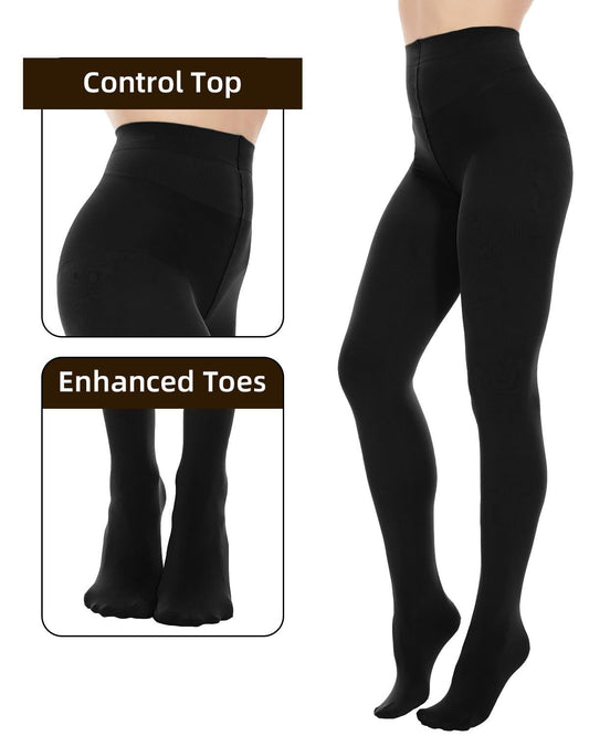  Full view of women’s black tights showing full-length opaque coverage and sleek fit