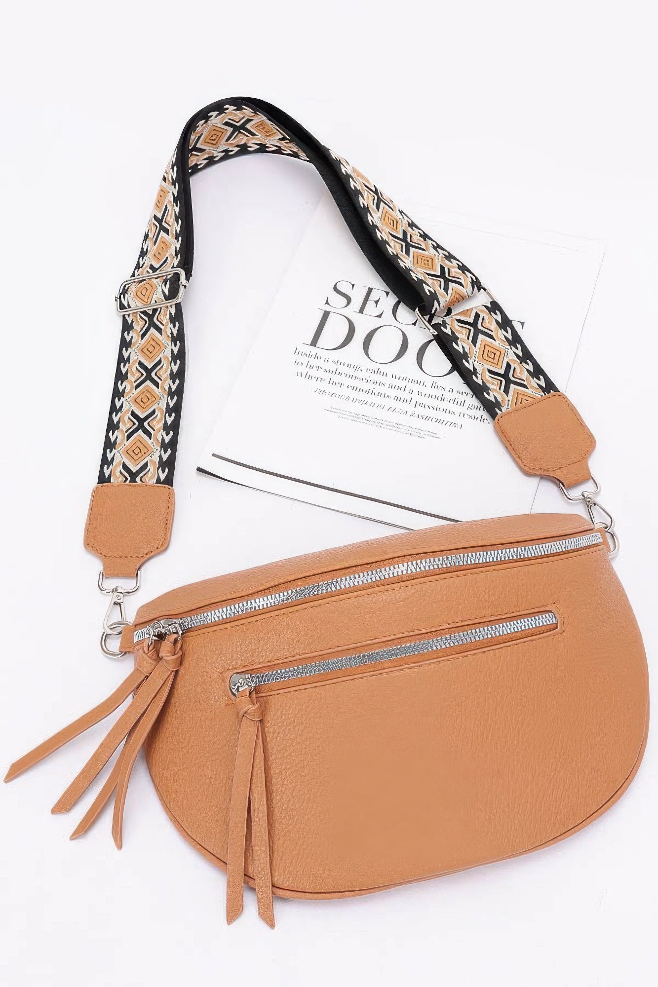 Front view of womens cross body bag in faux leather with gold zipper