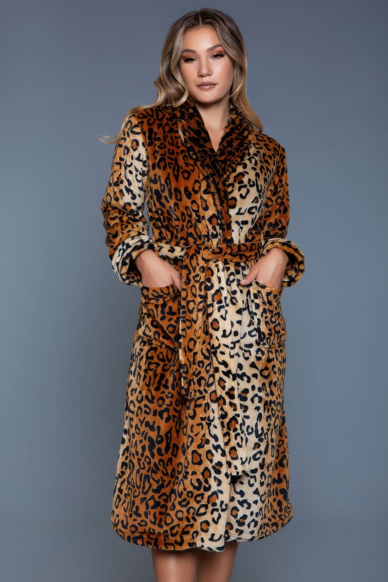 Full view of womens leopard robe in soft plush fabric